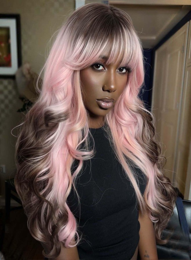 WIGER Long Wavy Hair With Bangs, Pink Romantic Curly Hair With Brown Roots and Ends, Layered Synthetic Curly Hair Brown Ombre Pink Wig for Women Music Festival/Carnival/Valentine's Day wig - Image 1